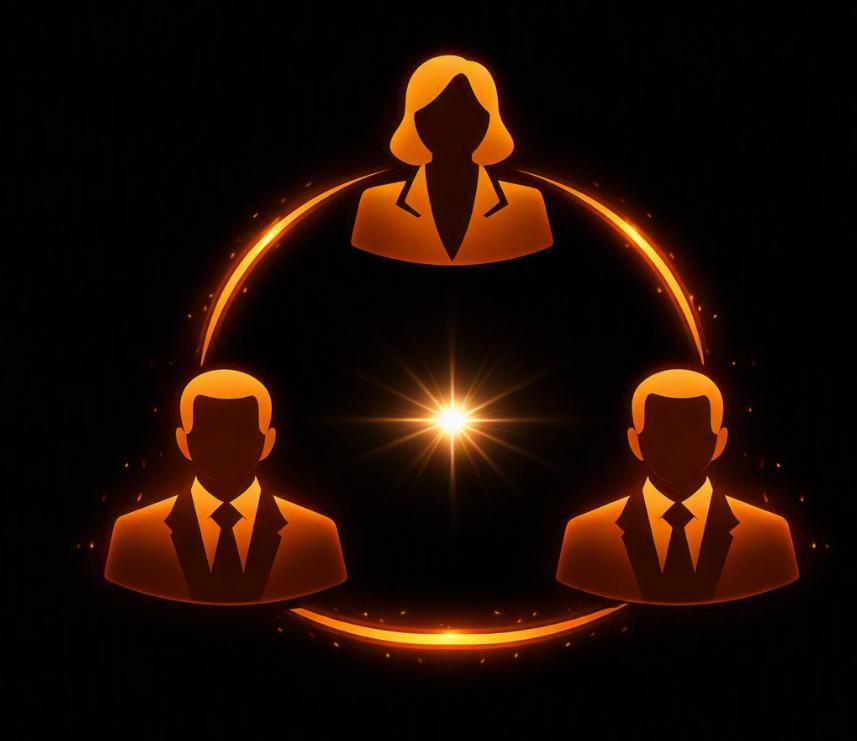 Three executive leaders connected around a central point